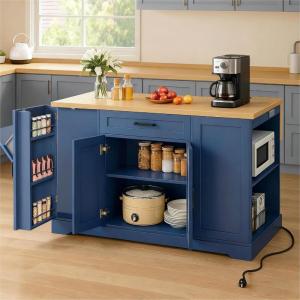 imageYITAHOME 50 Inch Rolling Kitchen Island with Trash Can Storage Cabinet ampamp Drop Leaf Portable Mobile Islands Table Long Floating Movable w Wheels Drawer Cabinet for 13 Gallon Garbage Bin Off WhiteNavy Blue
