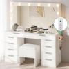 imageYITAHOME 46quot Glass Top Vanity Desk with Mirror with Lights Large Makeup Vanity Set with 10 Drawers ampamp Storage Stool Power Outlet Dressing Table with 3 Adjustable Light Modes Dressing Room White