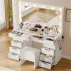 imageYITAHOME 46quot Glass Top Vanity Desk with Mirror with Lights Large Makeup Vanity Set with 10 Drawers ampamp Storage Stool Power Outlet Dressing Table with 3 Adjustable Light Modes Dressing Room White