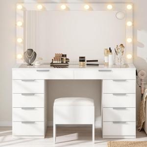 imageYITAHOME 46quot Glass Top Vanity Desk with Mirror with Lights Large Makeup Vanity Set with 10 Drawers ampamp Storage Stool Power Outlet Dressing Table with 3 Adjustable Light Modes Dressing Room White
