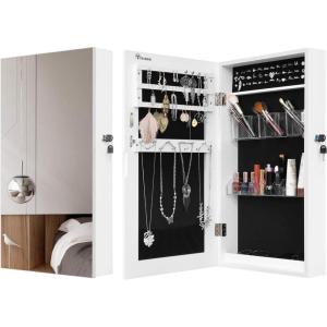 imageYITAHOME Jewelry Cabinet Armoire Wall Mounted Lockable with Mirror Space Saving Jewelry Storage Organizer Attached Lipstick Brush Compartments White