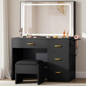 imageYITAHOME Makeup Vanity Set with LED Mirror ampamp 3 Lighting Modes 4Drawer Vanity Table with Charging Station and Cushioned Stool for Dressing Room Black