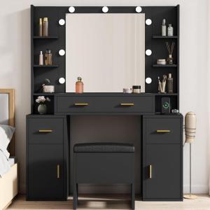imageYITAHOME Vanity Desk Set Hollywood Makeup Mirror with Adjustable LED Lighting Large Makeup Table with Drawers Open Storage Cabinets 3 Lighting Modes with Storage Stool for Dressing Room Black