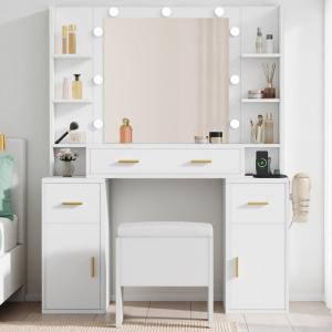 imageYITAHOME Vanity Desk Set Hollywood Makeup Mirror with Adjustable LED Lighting Large Makeup Table with Drawers Open Storage Cabinets 3 Lighting Modes with Storage Stool for Dressing Room White
