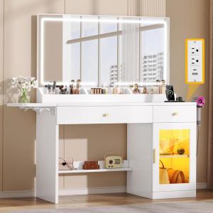 imageYITAHOME Vanity Desk with Mirror and Lights RGB Cabinet Extral Foldable Desk Makeup Desk with Large Mirror and Power Outlets Vanity Table Set Bedroom Dressing Room BlackWhite