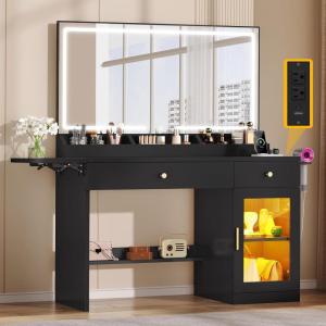 imageYITAHOME Vanity Desk with Mirror and Lights RGB Cabinet Extral Foldable Desk Makeup Desk with Large Mirror and Power Outlets Vanity Table Set Bedroom Dressing Room BlackBlack
