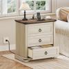 imageYITAHOME Farmhouse Nightstand with 3 Drawers and Charging Station Wood Night Stand Organizer for Bedroom Set of 2 Off WhiteWalnut Grain