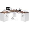 imageYITAHOME L Shaped Executive Desk with Lift Top ampamp Drawers 60quot Farmhouse Corner Computer Desk with Power Outlets Carved Design Wood Home Office Desk with Storage Cabinet for Work Antique White