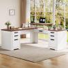 imageYITAHOME L Shaped Executive Desk with Lift Top ampamp Drawers 60quot Farmhouse Corner Computer Desk with Power Outlets Carved Design Wood Home Office Desk with Storage Cabinet for Work Antique White