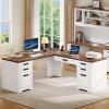 imageYITAHOME L Shaped Executive Desk with Lift Top ampamp Drawers 60quot Farmhouse Corner Computer Desk with Power Outlets Carved Design Wood Home Office Desk with Storage Cabinet for Work Antique White