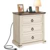 imageYITAHOME Farmhouse Nightstand with 3 Drawers and Charging Station Wood Night Stand Organizer for Bedroom Set of 2 Off WhiteWalnut Grain