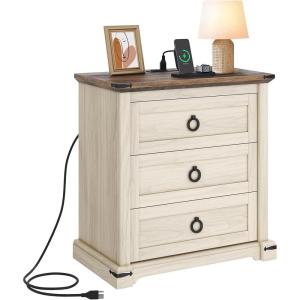 imageYITAHOME Farmhouse Nightstand with 3 Drawers and Charging Station Wood Night Stand Organizer for Bedroom Set of 2 Off WhiteWalnut Grain