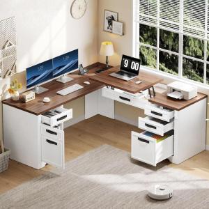 imageYITAHOME L Shaped Executive Desk with Lift Top ampamp Drawers 60quot Farmhouse Corner Computer Desk with Power Outlets Carved Design Wood Home Office Desk with Storage Cabinet for Work Antique White