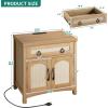 imageYITAHOME 236quot Farmhouse End Table with Charging Station Spacious Nightstand with Drawer ampamp Storage Cabinet Boho Side Table Rattan Bedside Cabinet for Bedroom Living Room OakOak