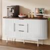 imageYITAHOME 55 Fluted Buffet Cabinet with 3 Large Drawers Fluted Sideboard Buffet Storage Cabinet with Adjustable Shelf ampamp Sliding Door Modern Coffee Bar for Kitchen Entryway White ampamp BrownWhite  Brown