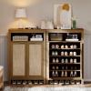 imageYITAHOME Rattan Shoe Cabinet with Doors Farmhouse Shoe Storage Organizer Cabinet with Adjustable Shelves and Handles 6Tier 45quot Tall Shoe Organizer for Entryway Hallway Living Room Caramel OakCaramel Oak