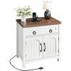 imageYITAHOME 236quot Farmhouse End Table with Charging Station Spacious Nightstand with Drawer ampamp Storage Cabinet Boho Side Table Rattan Bedside Cabinet for Bedroom Living Room OakWhite