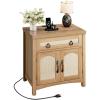 imageYITAHOME 236quot Farmhouse End Table with Charging Station Spacious Nightstand with Drawer ampamp Storage Cabinet Boho Side Table Rattan Bedside Cabinet for Bedroom Living Room OakOak