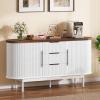 imageYITAHOME 55 Fluted Buffet Cabinet with 3 Large Drawers Fluted Sideboard Buffet Storage Cabinet with Adjustable Shelf ampamp Sliding Door Modern Coffee Bar for Kitchen Entryway White ampamp BrownWhite  Brown