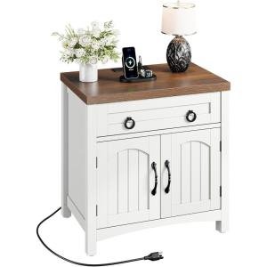 imageYITAHOME 236quot Farmhouse End Table with Charging Station Spacious Nightstand with Drawer ampamp Storage Cabinet Boho Side Table Rattan Bedside Cabinet for Bedroom Living Room OakWhite