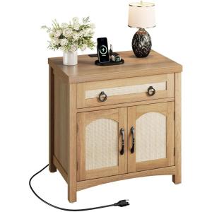 imageYITAHOME 236quot Farmhouse End Table with Charging Station Spacious Nightstand with Drawer ampamp Storage Cabinet Boho Side Table Rattan Bedside Cabinet for Bedroom Living Room OakOak