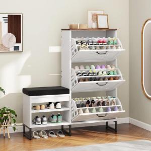 imageYITAHOME Farmhouse Shoe Cabinet with 3 Flip Drawers for Entryway Shoe Storage Cabinet with Shoe Bench Narrow Slim Shoe Rack Organizer for Entrance Living Room Hallway White