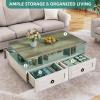 imageYITAHOME Farmhouse LED Coffee Table with Storage 4 Drawers Wood Coffee Tables for Living Room 2 Tiers Open Display Area with Metal Chic Handles Industrial Cocktail Center Table Brown and OakBrown and Oak