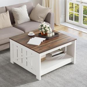 imageYITAHOME Coffee Table Farmhouse Coffee Table with Storage Rustic Wood Cocktail Table Square Coffee Tables for Living Meeting Room with Half Open Storage Compartment Grey WashBrown and White