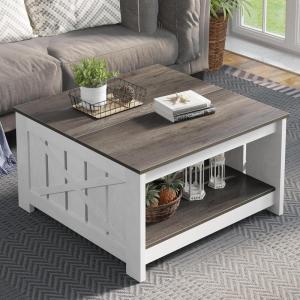 imageYITAHOME Coffee Table Farmhouse Coffee Table with Storage Rustic Wood Cocktail Table Square Coffee Tables for Living Meeting Room with Half Open Storage Compartment Grey WashLight Brown and White