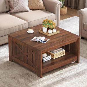 imageYITAHOME Coffee Table Farmhouse Coffee Table with Storage Rustic Wood Cocktail Table Square Coffee Tables for Living Meeting Room with Half Open Storage Compartment Grey WashWalnut