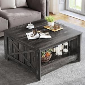 imageYITAHOME Coffee Table Farmhouse Coffee Table with Storage Rustic Wood Cocktail Table Square Coffee Tables for Living Meeting Room with Half Open Storage Compartment Grey WashDark Grey