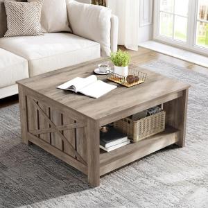 imageYITAHOME Coffee Table Farmhouse Coffee Table with Storage Rustic Wood Cocktail Table Square Coffee Tables for Living Meeting Room with Half Open Storage Compartment Grey WashGrey
