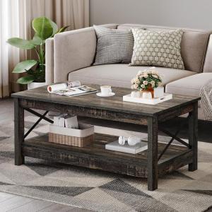 imageYITAHOME Coffee Table for Living Room Modern Farmhouse Coffee Table with Storage 2Tier Center Table Wood Living Room Table Accent Cocktail with Sturdy Frame BlackDark Rustic Oak