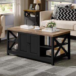 imageYITAHOME Coffee Table for Living Room Modern Farmhouse Coffee Table with Storage 2Tier Center Table Wood Living Room Table Accent Cocktail with Sturdy Frame BlackBrown and Black