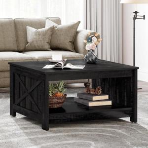 imageYITAHOME Coffee Table with Storage Square Coffee Tables for Living Meeting Room Farmhouse Coffee Table with Large Half Open Storage Compartment Rustic Wood Cocktail Table BlackBlack