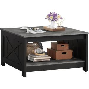imageYITAHOME Coffee Table with Storage Square Coffee Tables for Living Meeting Room Farmhouse Coffee Table with Large Half Open Storage Compartment Rustic Wood Cocktail Table BlackGray  Black
