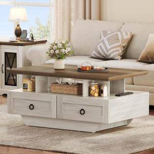 imageYITAHOME Farmhouse LED Coffee Table with Storage 4 Drawers Wood Coffee Tables for Living Room 2 Tiers Open Display Area with Metal Chic Handles Industrial Cocktail Center Table Brown and OakBrown and Oak