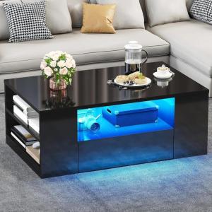 imageYITAHOME LED Coffee Table with 4 Storage Drawers Extendable Coffee Tables for Living Room Modern Wooden Rectangle Cocktail Table with Open Shelves ampamp Sliding Tabletop 35quot 61quot BlackBlack