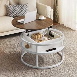 imageYITAHOME Round Lift Top Coffee Tables for Living Room with Hidden Storage Compartment Modern Grey Coffee Table with Storage 2 Tiers for Home Decor Office Round Center Tables Living Room Table GreyBrown and White