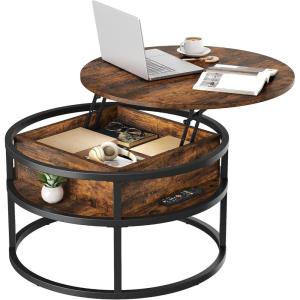 imageYITAHOME Round Lift Top Coffee Tables for Living Room with Hidden Storage Compartment Modern Grey Coffee Table with Storage 2 Tiers for Home Decor Office Round Center Tables Living Room Table GreyRustic Brown