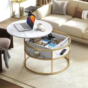 imageYITAHOME Round Lift Top Coffee Tables for Living Room with Hidden Storage Compartment Modern Grey Coffee Table with Storage 2 Tiers for Home Decor Office Round Center Tables Living Room Table GreyMarble and Gold