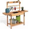 imageYITAHOME Potting Bench Table with Sink and Sliding Tabletop Solid Wood Garden Table for Outside Outdoor Wooden Workstation with Hooks and Storage Shelves for Porch Patio Balcony