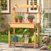 imageYITAHOME Potting Bench Table with Sink and Sliding Tabletop Solid Wood Garden Table for Outside Outdoor Wooden Workstation with Hooks and Storage Shelves for Porch Patio Balcony