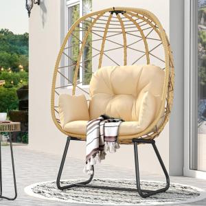 imageYITAHOME Egg Chair with Stand Outdoor Indoor Egg Lounge Chair with Cushion Wicker Chair PE Rattan Chair Included for Patio Garden Backyard Porch BeigeBeige
