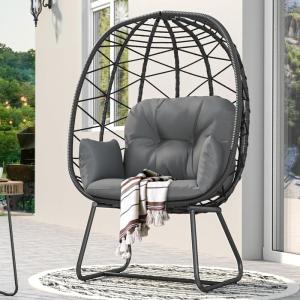 imageYITAHOME Egg Chair with Stand Outdoor Indoor Egg Lounge Chair with Cushion Wicker Chair PE Rattan Chair Included for Patio Garden Backyard Porch BeigeGrey