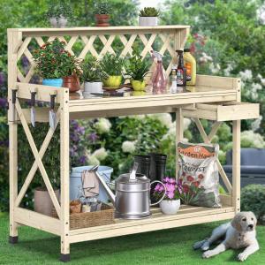 imageYITAHOME Outdoor Garden Workstation Table with Drawer Potting Bench Table wExposed Rack Hanger PVC WaterResistant Mat Natural