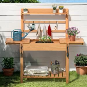 imageYITAHOME Potting Bench Table with Sink and Sliding Tabletop Solid Wood Garden Table for Outside Outdoor Wooden Workstation with Hooks and Storage Shelves for Porch Patio Balcony
