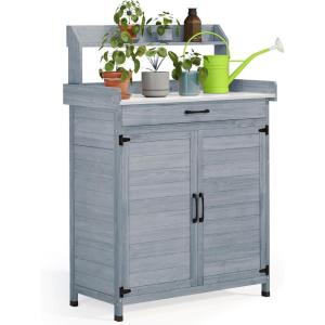 imageYITAHOME Potting Bench for Outside with Storage Cabinet and Drawer Solid Wood Potting Table for Outdoor with Galvanized Metal Tabletop Work Bench for Planting Organizing Gray