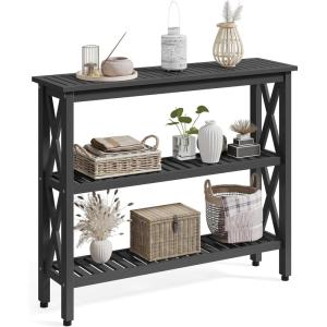 imageYITAHOME Solid Wood Outdoor Console Table 39 Acacia Wood Outdoor Bar Table with 3Tier Storage Shelf XFrame Design and Adjustable Foot Pads for Garden Patio Balcony and Indoor Grey GreenBlack