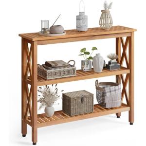 imageYITAHOME Solid Wood Outdoor Console Table 39 Acacia Wood Outdoor Bar Table with 3Tier Storage Shelf XFrame Design and Adjustable Foot Pads for Garden Patio Balcony and Indoor Grey GreenNatural
